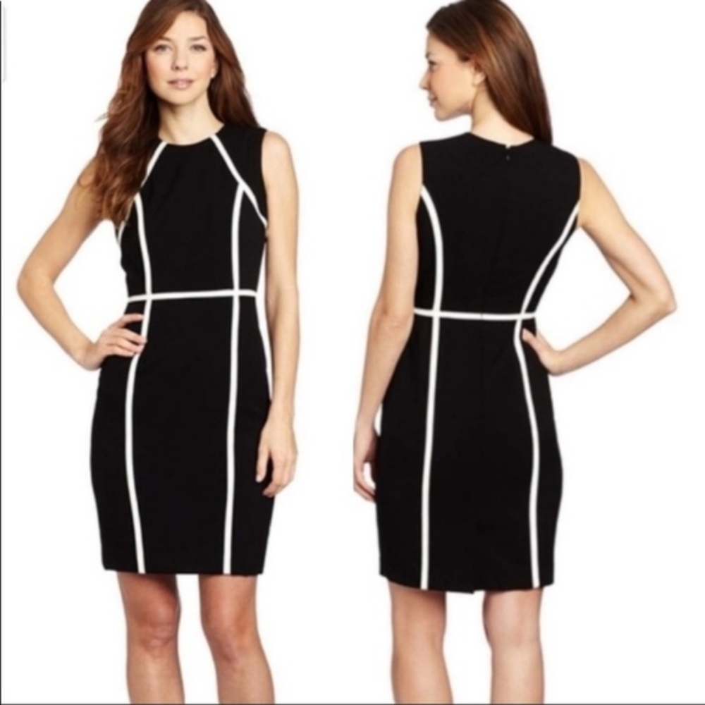 CALVIN KLEIN BODYCON BLACK WITH WHITE PIPING SHEATH DRESS SZ 6 PANEL
